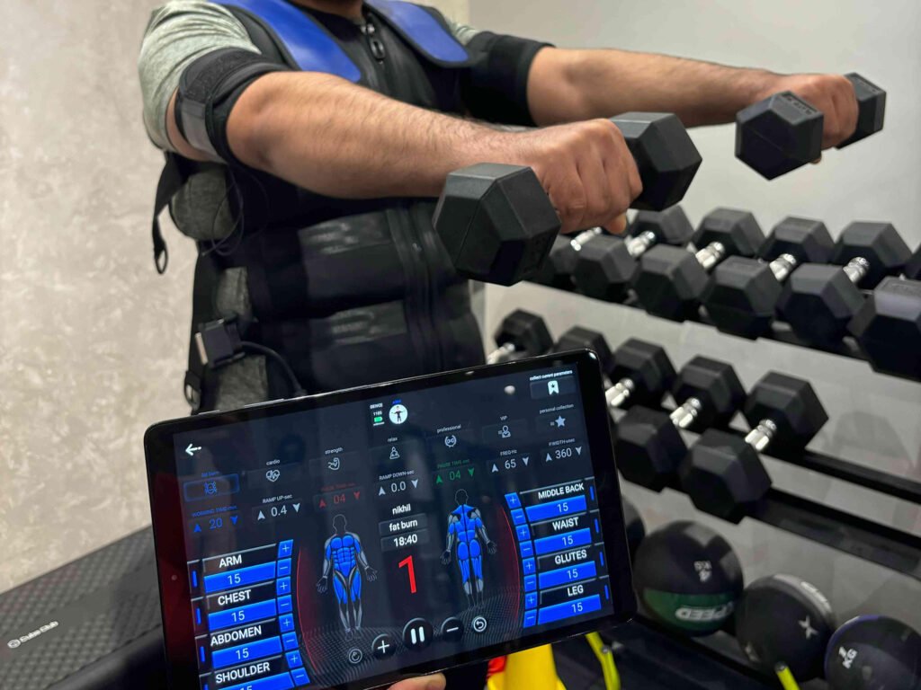 EMS training session using electrical muscle stimulation to enhance strength, endurance, and recovery.
