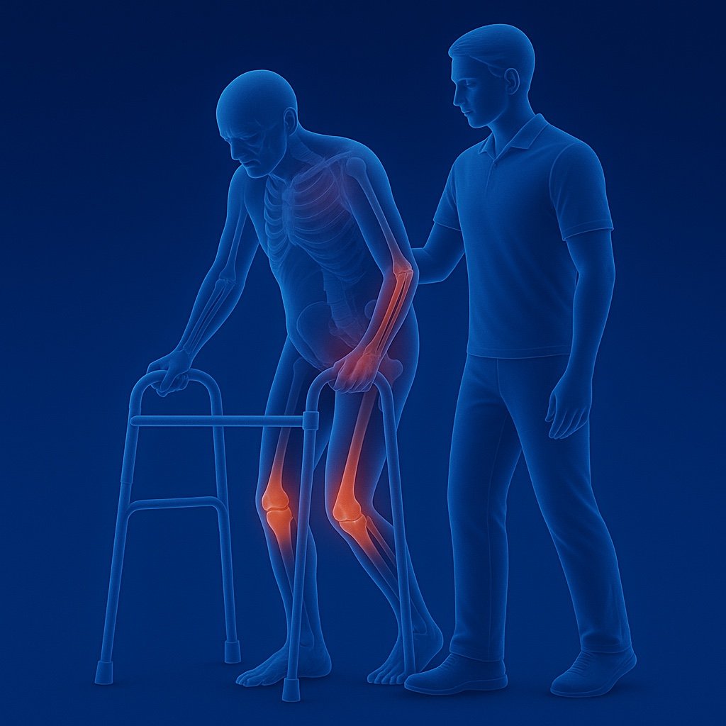 Physiotherapy-assisted walker and stick training for balance improvement, safe mobility, and gait rehabilitation.